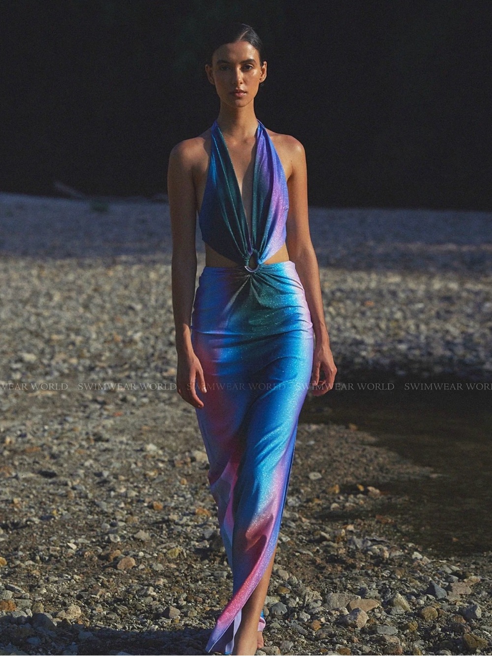 Baobab Collection Backless Ombre Halter Maxi Dress in Blue and Pink - Picture 2 of 9